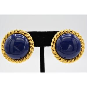 Ben-Amun Vintage Cabochon Clip Earrings Gold Tone Heavy Chunky Signed 1980s Bin4